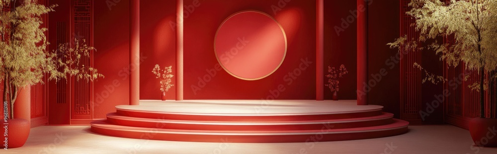 Poster empty marketing stage with a chinese aesthetic 3d rendering digital computer illustration