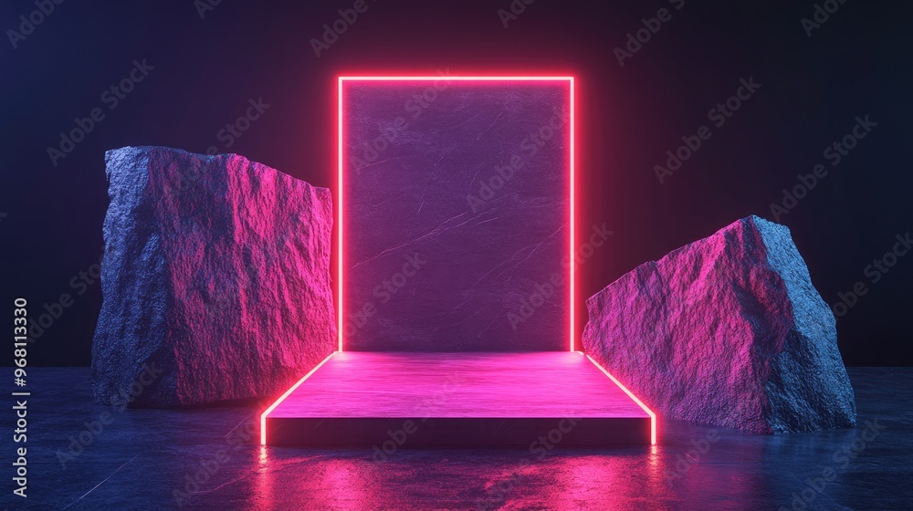 Poster Abstract neon background featuring illuminated geometric shapes natural stone elements and a 3D podium render An empty showcase platform designed for presentations and advertising of technology pr