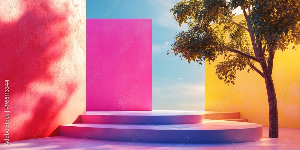 Poster a collection of 3d rendered platforms featuring vibrant multi material back walls and tree silhouett