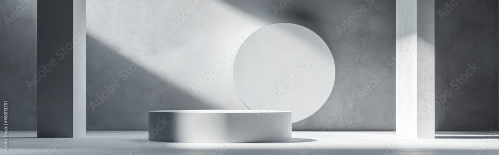 Aufkleber Abstract minimal scene featuring geometric shapes Empty cylindrical podium set against a minimalistic background Design intended for product showcase 3D rendering