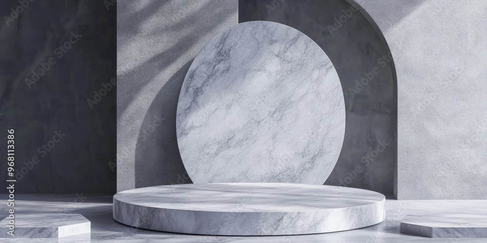 Poster Empty marble podium featuring geometric shapes in a gray composition for a modern stage display and minimalist mockup serving as an abstract showcase background 3D illustration or render concept