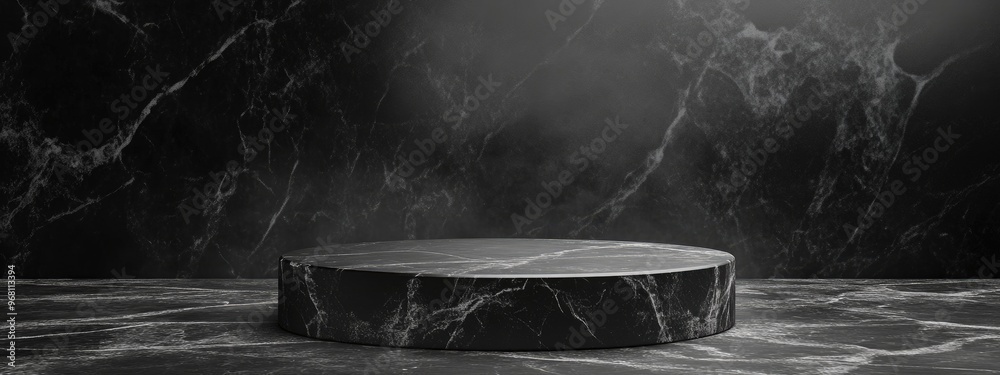 Poster black stone podium with marble backdrop for product presentation and mock up studio background photo