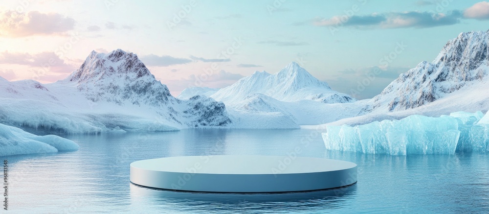 Aufkleber stylish 3d render of podium on water with scenic ocean and ice mountain background for cosmetic prod