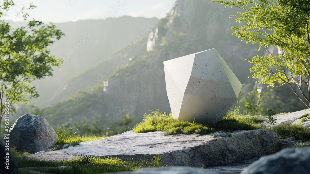 Aufkleber minimalistic 3d rendering of a geometric shape in a natural green setting illustration