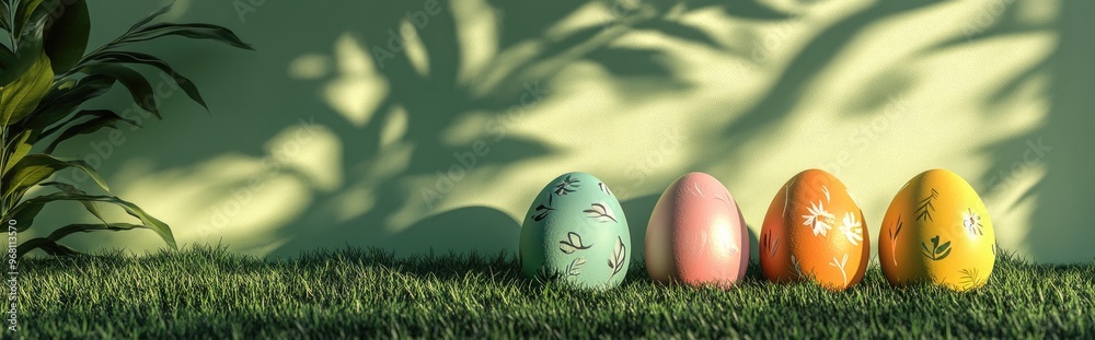 Aufkleber Easter holiday greeting card featuring vibrant painted eggs Three dimensional rendering of a podium and display set against lush green grass complemented by a subtle botanical background with shad