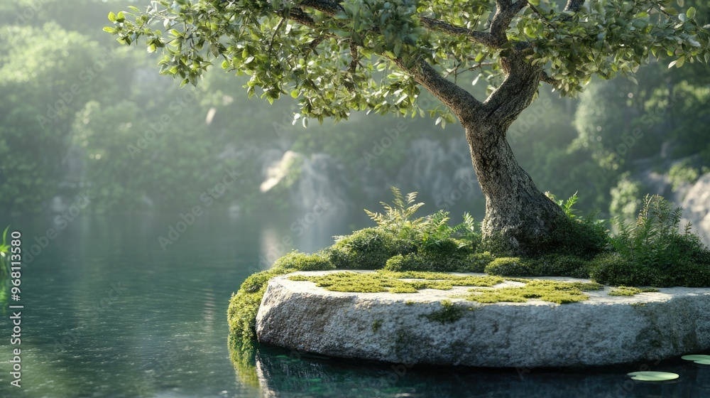 Aufkleber natural display podium by the water featuring a tree and moss 3d render 3d illustration