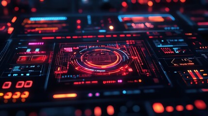 Obraz premium Futuristic digital interface with glowing red and blue lights.