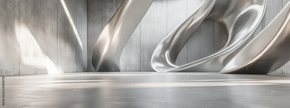 Poster Abstract modern showroom design featuring silver metallic elements and a concrete floor Empty futuristic background in 3D rendering