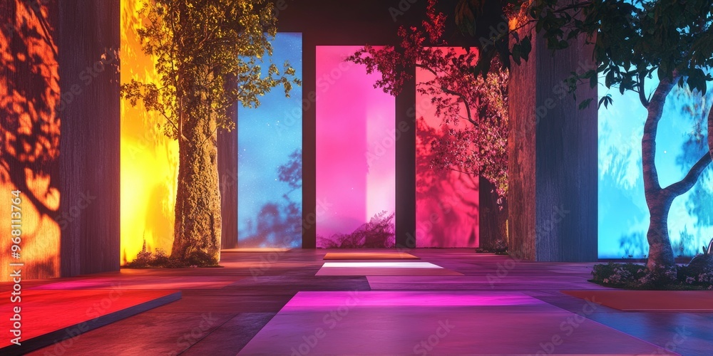 Poster a collection of 3d rendered platforms featuring vibrant multi material back walls and tree silhouett
