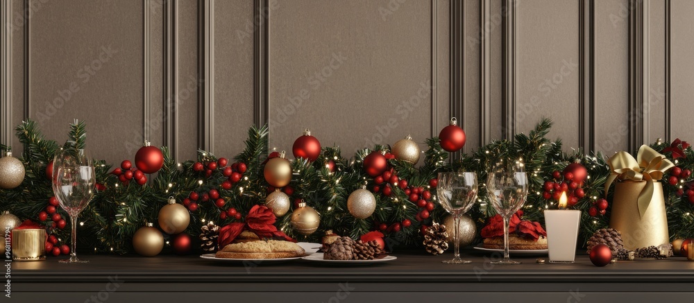 Poster christmas celebration with festive elements against a wall background 3d illustration 3d rendering