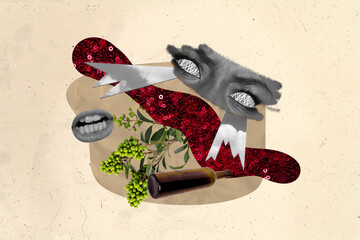 Composite photo collage of angry female white eyes demon addiction ritual supplies wine bottle...