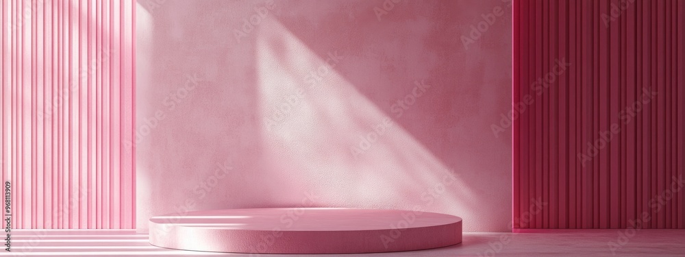 Aufkleber Minimalist composition featuring a podium with an abstract backdrop Geometric shapes in a magenta setting 3D rendering showcasing geometrical forms and a textured background suitable for cosmetic