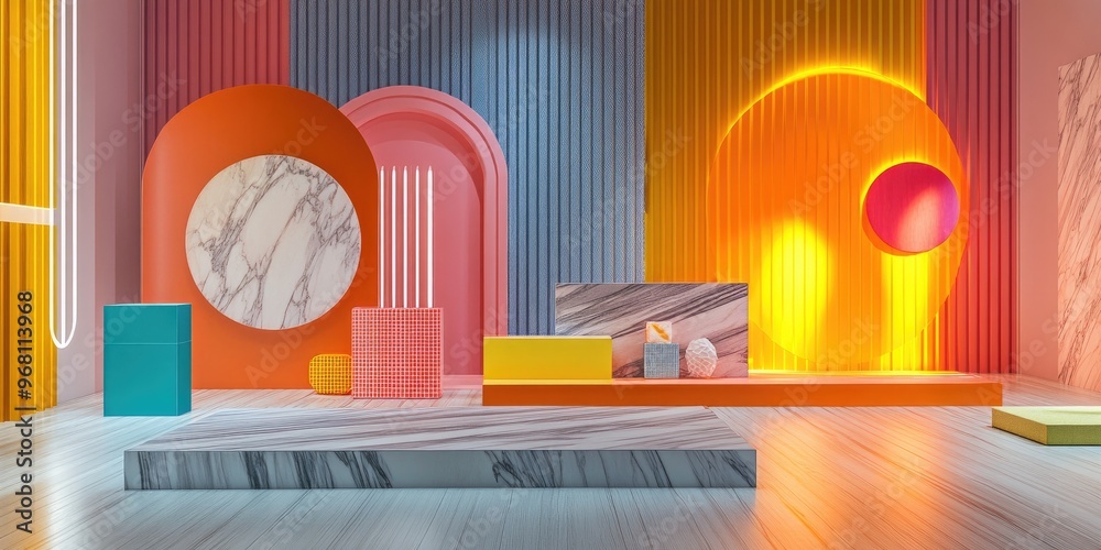 Poster modern studio setup for showcasing products with intricate patterns rendered space featuring vibrant