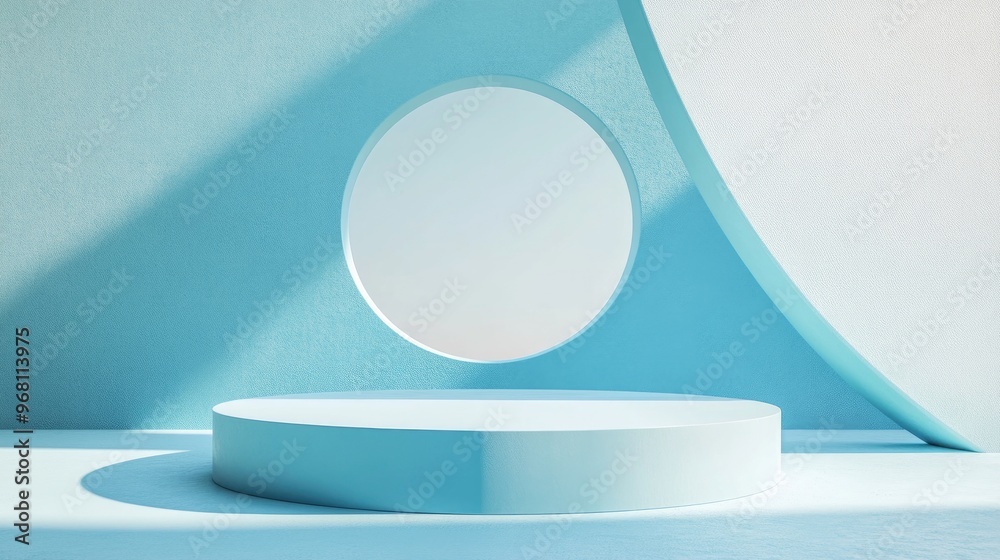 Poster minimal blue podium against an abstract geometric background featuring a pastel blue display 3d pede