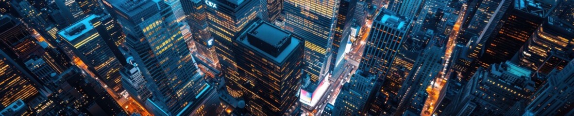 A vibrant aerial view of a cityscape at night, illuminated with colorful lights from buildings and streets below. Free copy space for banner.