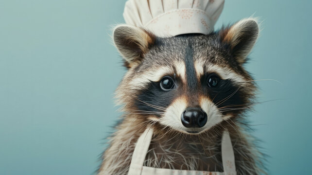 Raccoon wearing a chef's hat and apron, ready to cook.