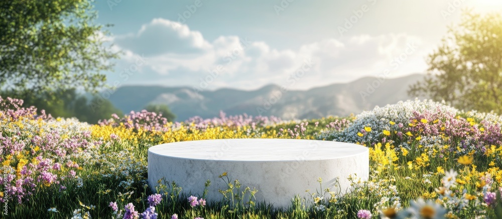 Poster Abstract 3D render of a spring scene featuring a natural podium background with a white stone podium set against a vibrant field of flowers and grass ideal for product display and advertising