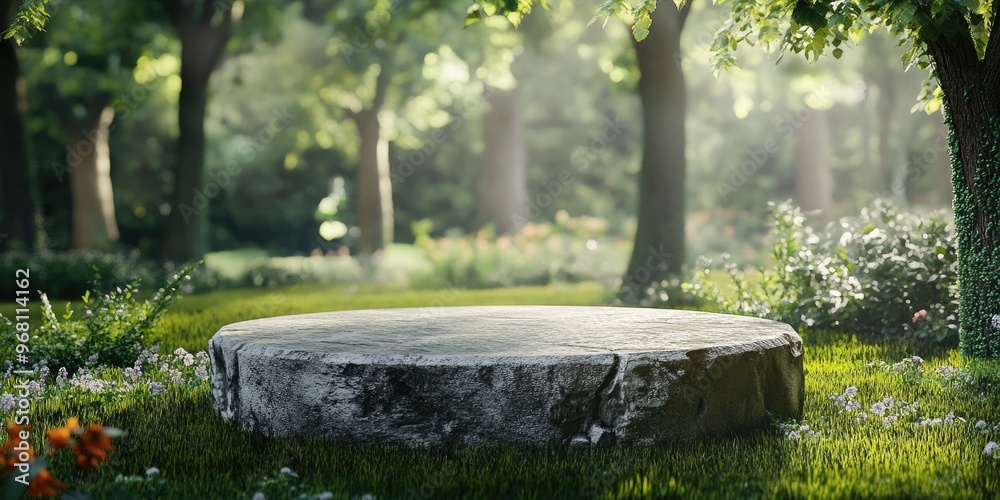 Aufkleber Abstract realistic 3D render of a spring setting featuring a stone podium on a grassy field in a forest ideal for product presentation advertising or mockups