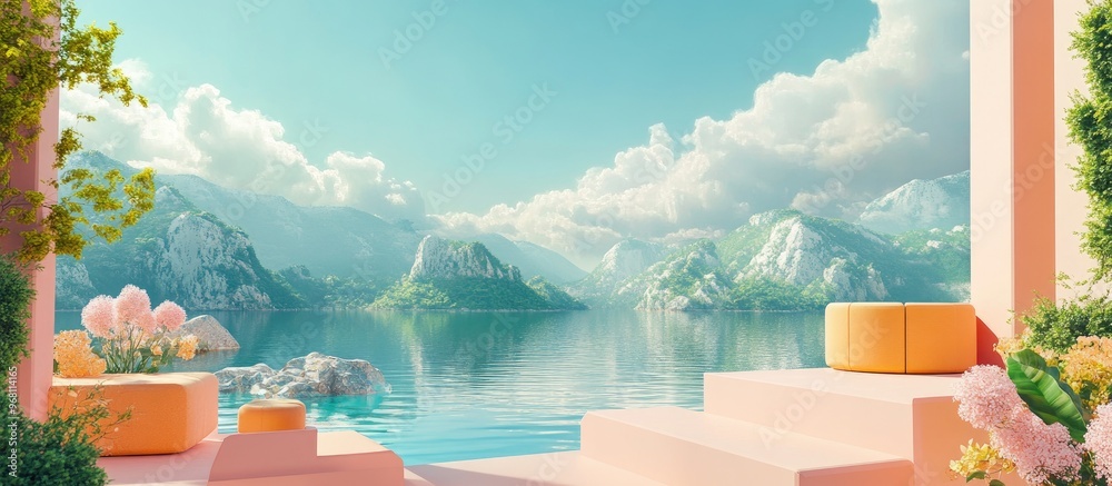 Poster Abstract landscape scene for spring and summer featuring geometric shapes a lake and floral elements in 3D rendering
