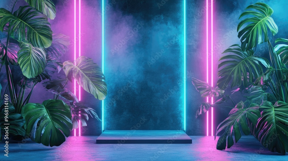 Poster product display featuring neon lighting and monstera leaves minimalistic design vaporwave art and fu