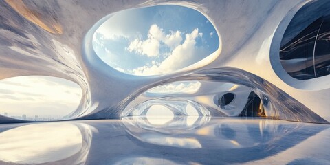Abstract modern architectural background featuring an expansive open space interior 3D