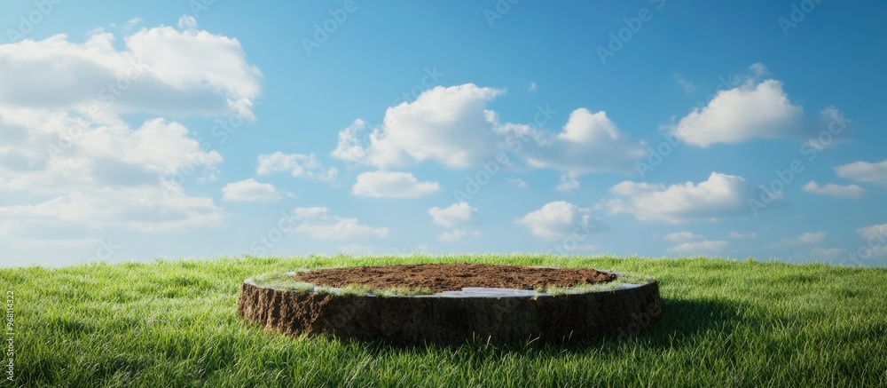 Poster fantasy 3d rendering of a circular podium on a grassy field featuring a surreal cross section of soi