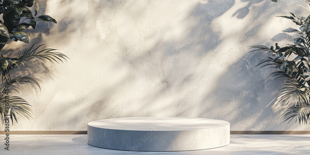 Poster product showcase podium featuring a marble backdrop and leaf shadows 3d visualization render 3d illu