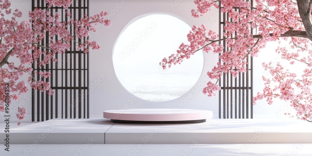 Poster Japanese style architecture with a cherry blossom tree and a podium against a white background for product presentation 3D rendering illustration