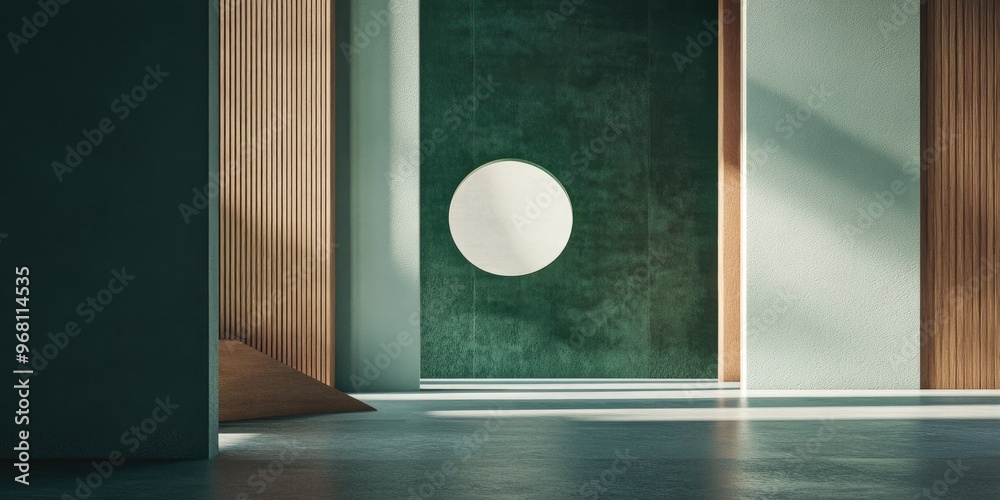 Poster Green scene with a wall and floor featuring a wooden frame and geometric shapes in 3D rendering
