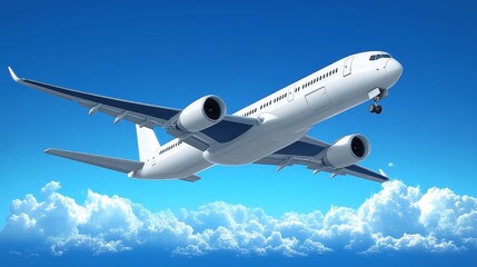 Obraz premium A modern airplane soaring through a clear blue sky, surrounded by fluffy white clouds, symbolizing travel and adventure.