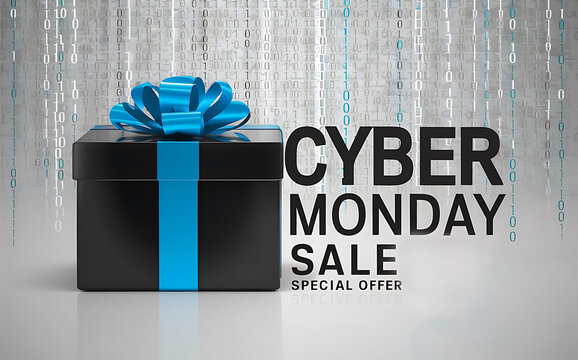 Cyber monday sale horizontal poster or banner with Black box with realistic blue bow on code background. Sale concept. Vector illustration. Discount banner cyber Monday background