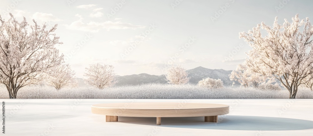 Aufkleber Wooden podium in a field for product showcasing with a white background 3D rendering