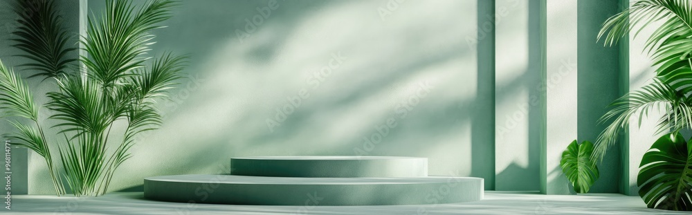 Poster Empty green mock up space featuring various platforms and decorative green palm leaves in 3D rendering