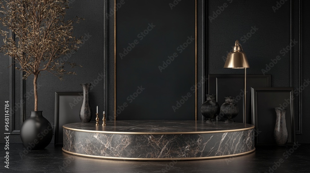 Poster round marble pedestal with a golden border surrounded by vases a tree lamps and black picture frames