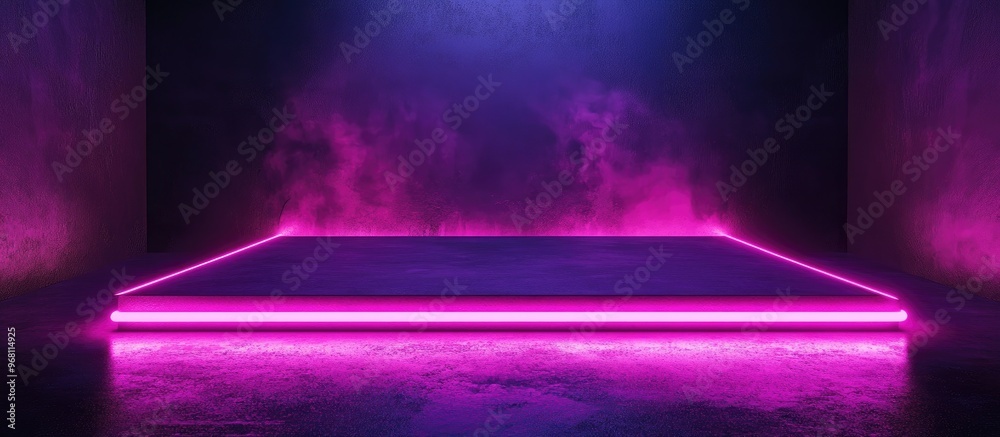 Poster blank product display with neon lights in a dark room background 3d rendering illustration
