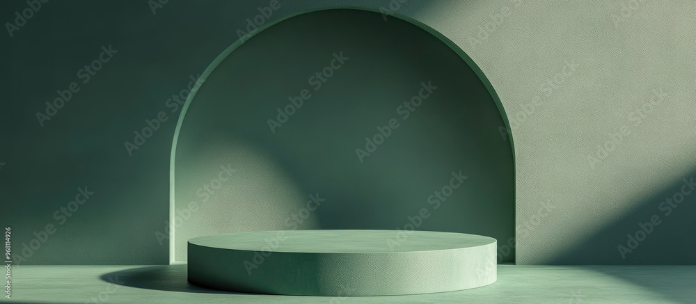 Poster Minimal abstract background ideal for branding and product display Green podium featuring a soft circular geometric pattern on a green backdrop Empty pedestal for showcasing items 3D render
