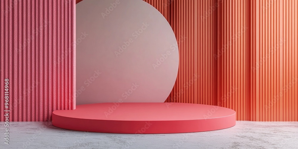 Aufkleber Minimalist scene featuring a red podium for mockup presentations with ample copy space and an abstract 3D rendered background design