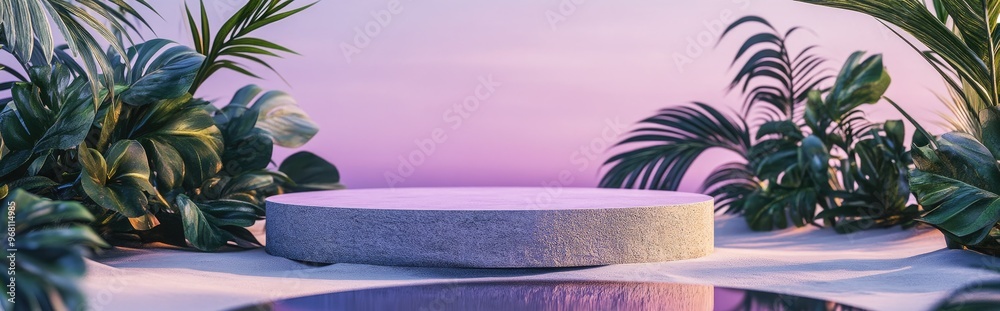 Aufkleber abstract podium on a sandy backdrop stone pedestal with a reflective surface surrounded by tropical 
