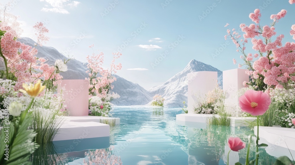 Poster abstract landscape scene of spring and summer featuring geometric shapes a lake and floral views in 