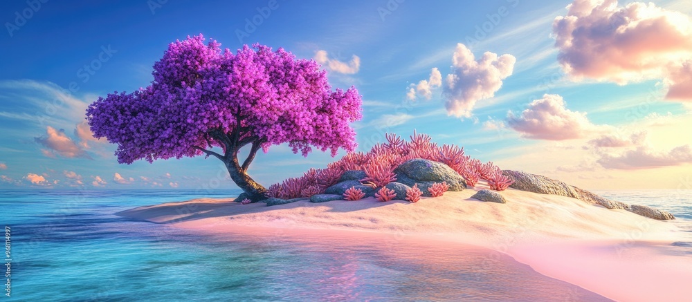 Aufkleber surreal 3d rendering of a pastel purple tree in a vibrant landscape featuring a colorful island and 