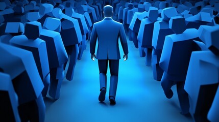 Fototapeta premium A solitary figure in a blue suit walks through a crowd, symbolizing individuality and focus amidst collective anonymity.