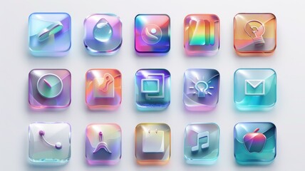 set of vibrant, glass-like app icons featuring soft gradient colors.