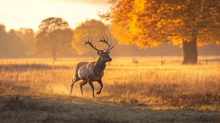Obraz premium Red Deer Stag Running Through Golden Meadow at Sunset