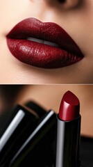 Obraz premium Woman wearing burgundy lipstick showing open tube of lipstick