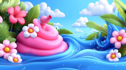 A vibrant scene featuring a pink float, colorful flowers, and waves under a blue sky, evoking fun and relaxation in summer.