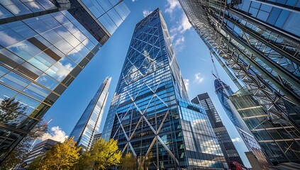 Naklejka premium Multiple exposure of futuristic modern office building skyscrapers in the financial district in London city, UK.