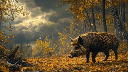 Wild Boar Foraging in a Golden Autumn Forest