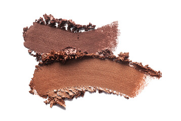 Cosmetic product swatch. Smudge of eye shadow brown bronzer or loose or compact pressed powder isolated on white background