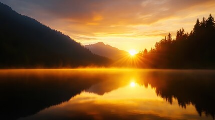 Obraz premium Golden Sunrise Over Misty Mountain Lake