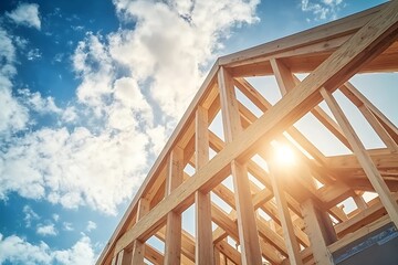 Obraz premium Wooden house frame structure made of laminated veneer lumber. Frame of the Cottage or House.